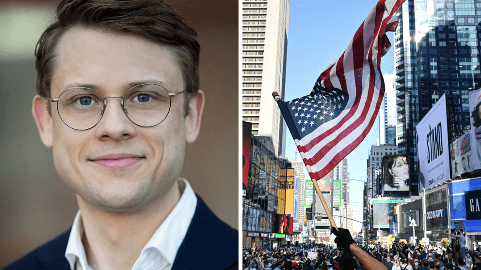 Glenn Nielsen, makroekonom på Swedbank, montage ihop med amerikanska flaggan.