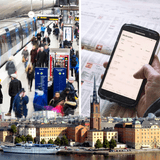 Fotomontage, börshandel och Stockholm.